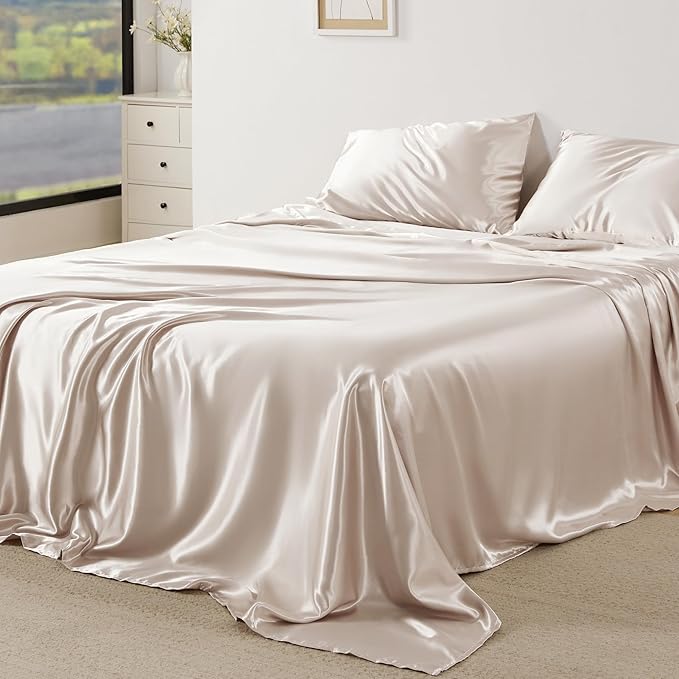 Bedsure Satin Sheets King Size - 4 Piece Silky Bedsheets with 15 Inches Deep Pocket Fitted Bedsheet,1 Flat Sheet, 2 Satin Pillowcases, Good for Hair & Skin (King, Beige)