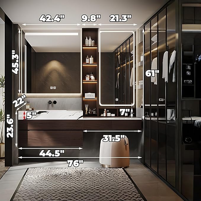 Bathroom Vanity with Sink - Luxury Bathroom Sink Cabinet, Floating Vanity with Smart Defogging Mirror & Storage Drawer, Multi-Layer Solid Wood Panel - Complete Accessories (76")