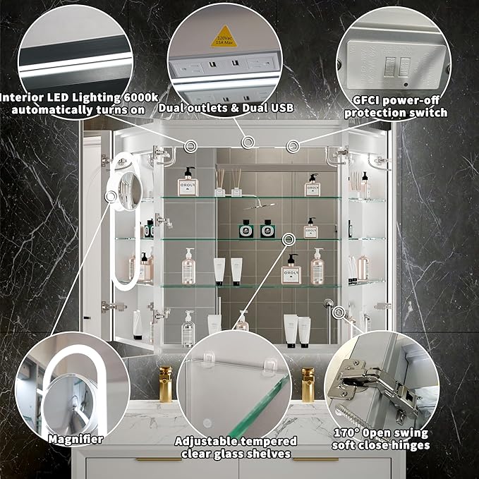 Lighted Medicine Cabinet with Mirror 30"x36" Recessed LED Medicine Cabinet Mirror, Front&Backlit, 3-Color Temperatures, Stepless Dimming, Anti-Fog, Magnifier, 2 Outlets, Storage Shelves, ETL Certified