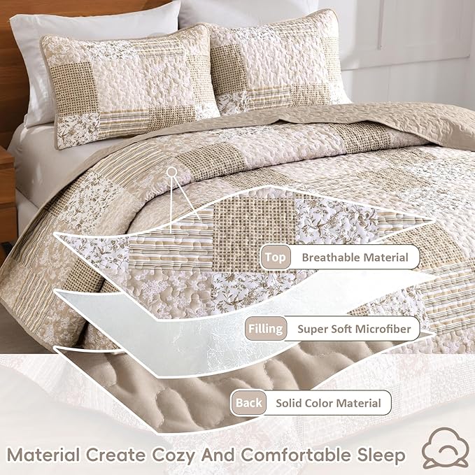Mybedsoul Beige Boho Quilt Set King Size, 3 Pieces Plaid Floral Bedspread Set Patchwork Reversible Bedding Set Microfiber Bedding Bedspread Coverlet Set for All Season 90"x104"