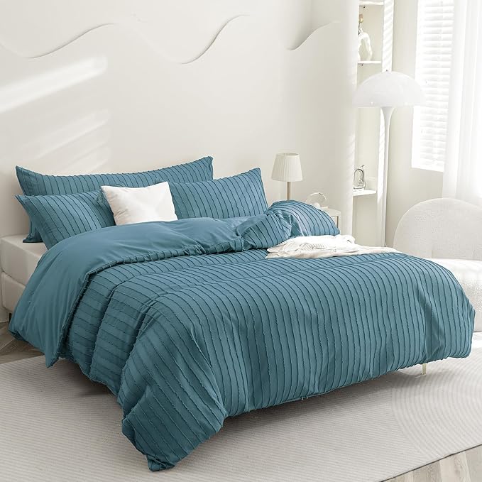 JELLYMONI Duvet Cover Queen Size Grayish Blue - 3PCS Boho Striped Duvet Cover Set Polyester Tufted Bohemian Textured Comforter Cover 90×90in with Corner Ties & Zipper and 2 Pillowcases