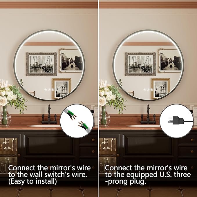 26 Inch Bluetooth Bathroom Mirror, Black Framed Round Vanity Mirror with Lights, Dimmable, 3000K/4500K/6000K, Anti-Fog, Built-in Dual Speaker, CRI 90+
