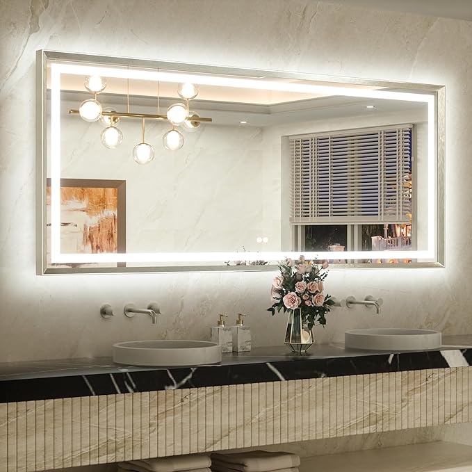 TETOTE 72 x 32 Large Bathroom Mirror Brushed Bright Nickel Metal Frame Frontlit & Backlit Vanity Mirror 3 Colors White/Warm/Natural Stepless Dimmable Anti-Fog Bathroom Mirrors for Vanity Wall-Mounted