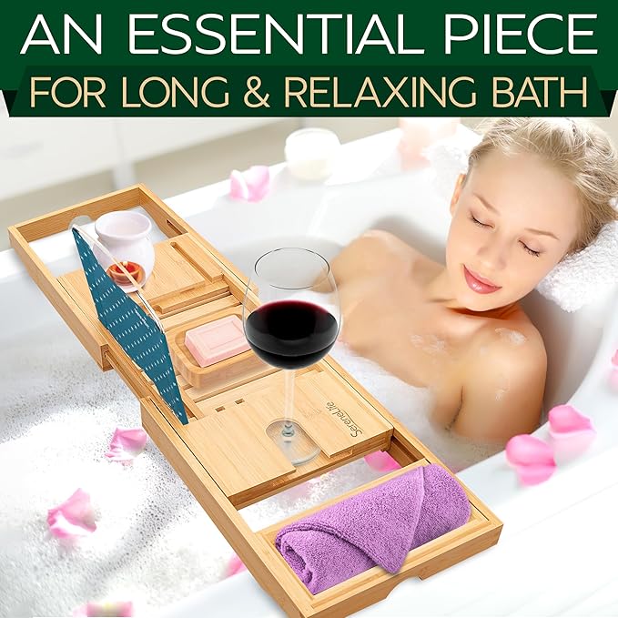 SereneLife Bamboo Bathtub Caddy with Luxury Gift Box and Red Gifting Ribbon Extendable & Adjustable Tray with Device/Book Holder with Removable Trays for Bath Accessories (Natural Color)