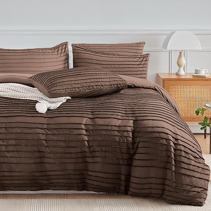 NEXHOME PRO Duvet Cover Queen Size, Blue 3 Pieces Boho Tufted Duvet Cover Set, Soft and Lightweight Microfiber Comforter Cover Set for All Season(Dark Brown,90 x 90)-No Comforter