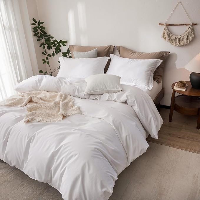 Linen Feel Duvet Cover King Size 104inch x 90inch,100% Washed Cotton Duvet Cover with Zipper Closure and 2 Pillowcases, Color of Bright White