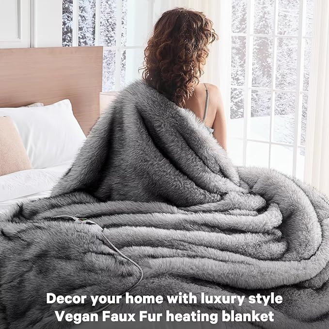 Heated Electric Blanket Twin, Octrot 60"X80" Faux Fur Heating Blanket Luxury Christmas Gifts Heavy Plush with 10 Heats Levels & 8 Hours Auto Off,Super Cozy Warm Fuzzy,Fluffy Decor Winter Warming,Grey