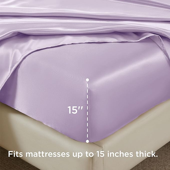 Bedsure Satin Sheets Queen Size - 4 Piece Silky Bedsheets with 15 Inches Deep Pocket Fitted Bedsheet,1 Flat Sheet, 2 Satin Pillowcases, Good for Hair & Skin (Queen, Lavender)