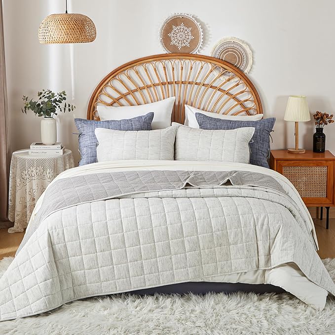 White Quilt King Size， Cotton Linen King Size Quilt Set，3-Pieces Bed Spreads with Grey Plaid Coverlet Lightweight Comforter with 2 Pillow Shams