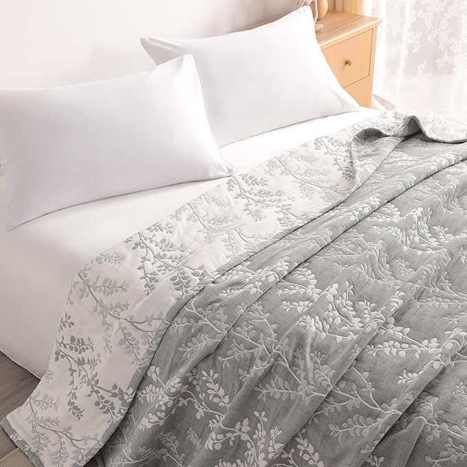 NTBAY 3 Layers Cotton Muslin 68x92 Twin Bed Blanket, Super Soft Breathable Thermal Yarn Dyed Quilt for Adults, Perfect Lightweight Blanket for Couch Sofa Bed All Seasons, Grey Tree