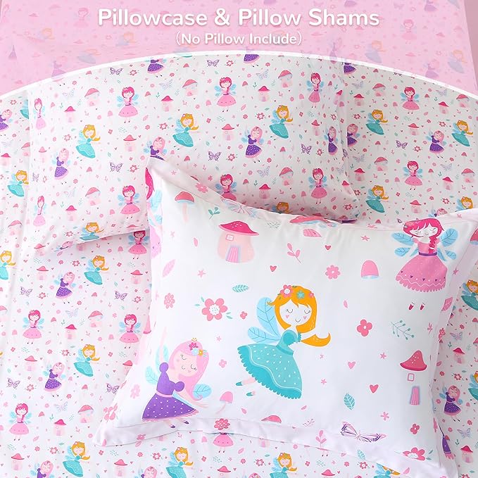 Viviland Kids Twin Bedding Sets for Girls, Soft Twin Comforter Set with Sheets, 5 Pieces Microfiber Bed in a Bag, Fairy Mushroom