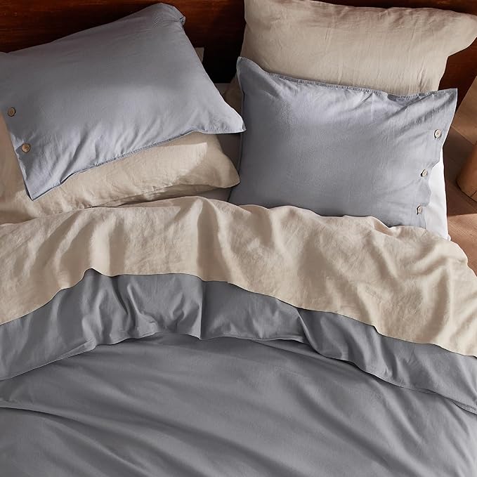 Bedsure Linen Duvet Cover King - Linen Cotton Blend Bedding Set, Soft & Cozy, 3 Pieces, 1 Duvet Cover 104x90 Inches and 2 Pillowcases, Silver Grey Color Cooling Bedding, Comforter Sold Separately
