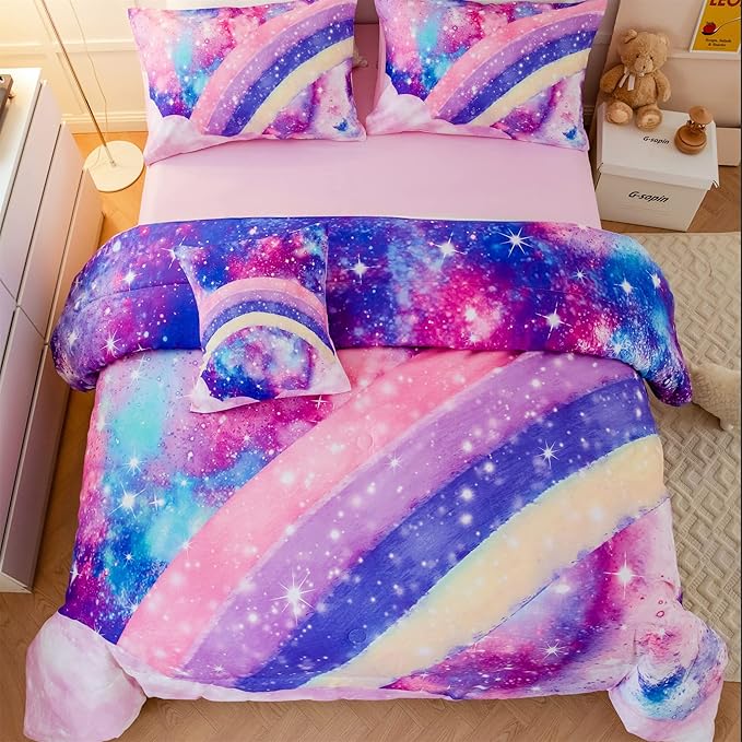 ANGIYUIN 6Pcs Pink Full Size Bed in A Bag for Girls 3D Tie Dye Comforter Sets Colorful Rainbow Kids Bedding Sets Ultra Soft Pastle Nebula Printed Bed in A Bag with Sheets