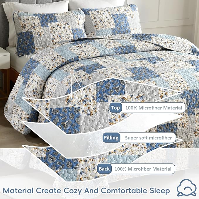 Mybedsoul Light Blue Quilt Set Queen Size, 3 Pieces Boho Plaid Floral Bedspread Set Microfiber Lightweight Bohemian Bedding Bedspread Coverlet Set for All Season 90"x96"