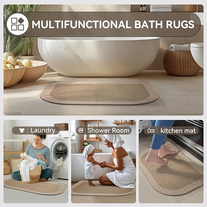 Half Circle Bath Mat,Thin Bathroom Rugs Fit Under Door Quick Dry Non Slip Washable Bathroom Mat with Rubber Backing,Absorbent Woven Half Round Shower Rug, Brown Beige 16x24