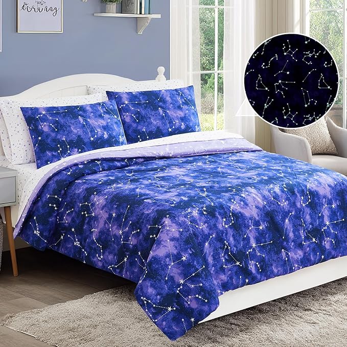 Twin Comforter Set - 5 Pieces Girls Boys Galaxy Glow in The Dark Twin Bedding Sets for Kids, Ultra Soft Bed in A Bag with Sheets