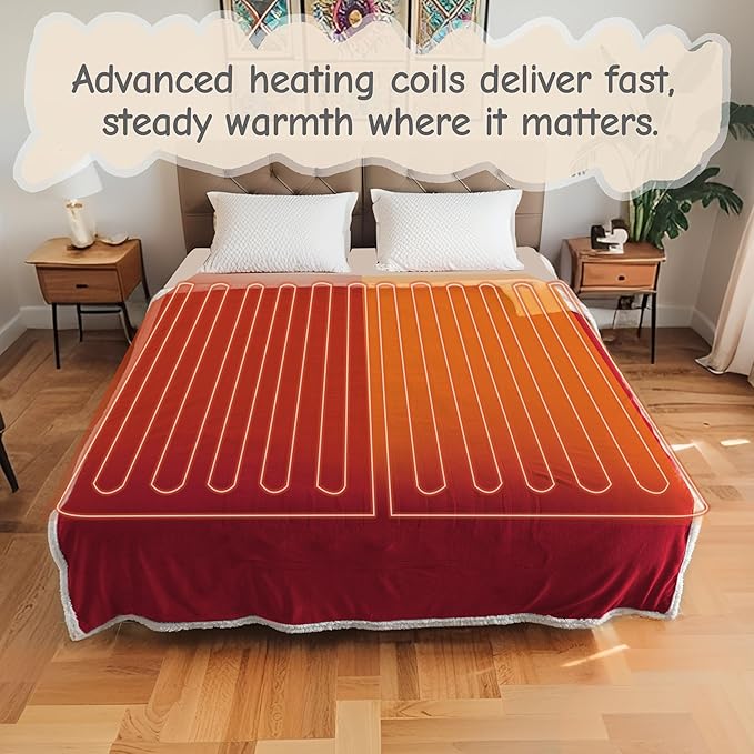 Electric Heated Blanket Queen Size 84"x90", Soft Flannel with Dual Controllers & Overheat Protection, 6 Adjustable Heat Settings & 10-Hour Auto-Off Timer, Fast Heating for Winter Comfort, Red