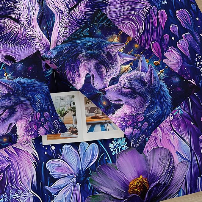 Purple Wolf Bedding Comforter Set Full Size，Dreamcatcher Flower Quilt Bedding Set Full，with 1 Comforter with 2 Pillow Case，Wolf Bedroom Decor for Kids Girls Boy