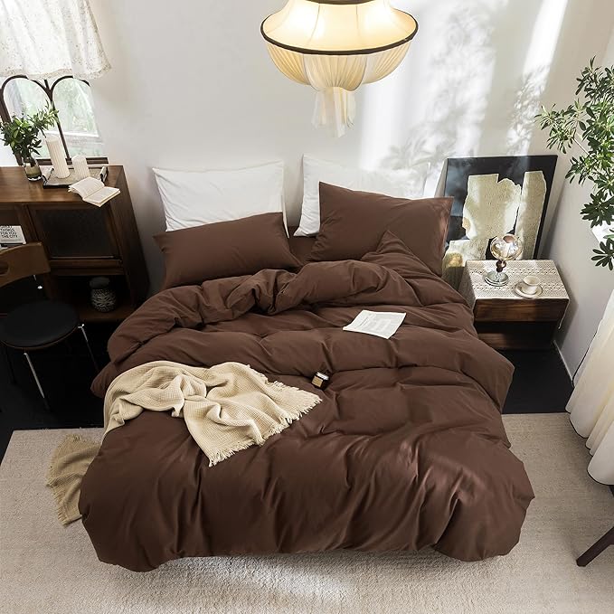FOSSA Duvet Cover Set 100% Washed Cotton Linen Feel Super Soft Breathable Cozy 3 Pieces Bedding Sets Solid Cocoa Brown Queen
