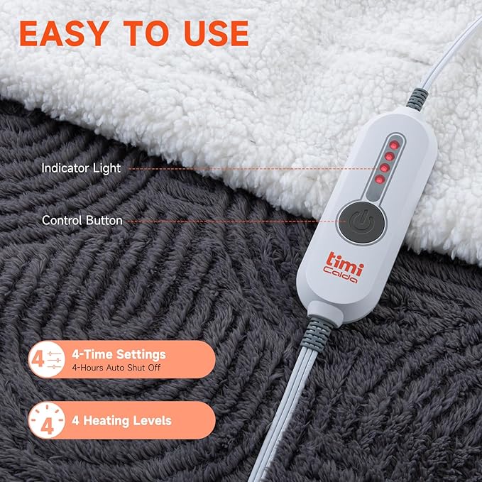 Heated Throw Blanket Electric - 50"x60" Cozy Soft Jacquard Heating Blanket with 4 Heat Levels & 4 Hours Auto-Off, Electric Throw with Overheating Protection, Warm Gifts, Grey