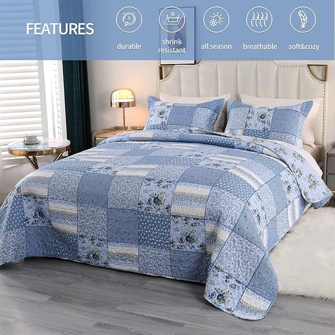 ENJOHOS Blue Floral Quilt Set Queen Size, 3 Pieces Plaid Flower Queen Bedspread for All Seasons, Patchwork Reversible Coverlet Lightweight Bedding for Queen Size Bed with 2 Pillow Shams