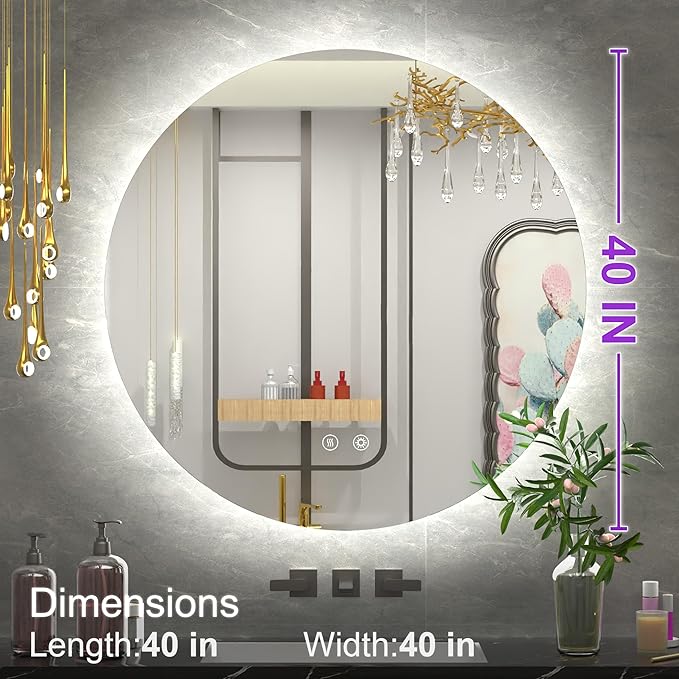 40 inch Large Round Vanity Mirror with LED Lights for Bathroom, Dimmable Backlit & 3 Color Temperatures (3000K/4500K/6000K), Anti-Fog, 5MM HD Glass, Memory, Frameless