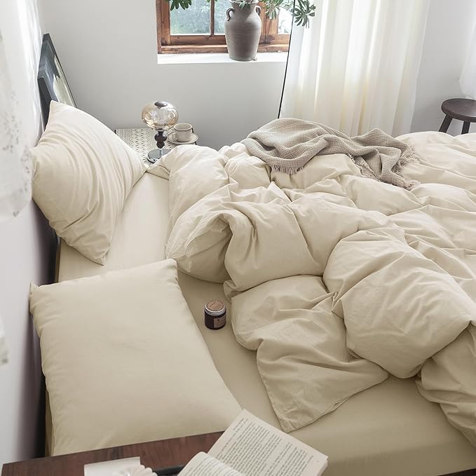 FOSSA Duvet Cover Set 100% Washed Cotton Linen Feel Super Soft Breathable Cozy 3 Pieces Bedding Sets Solid Almond Grey Oversized Queen