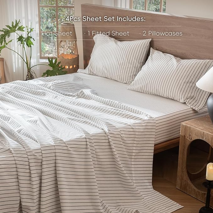MooMee Striped Sheet Set 100% Washed Cotton Linen Like Textured Breathable Durable Soft Comfy (White Dark Grey Wide Stripes, Queen)