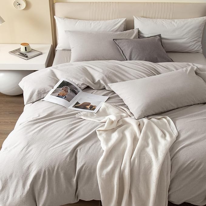 JIYUAN 100% Washed Cotton Duvet Cover Set 3 Pieces Super King, 1 Duvet Cover 108x98 Inches(Comforter Not Included) and 2 Pillowcases,Linen Feel Bedding Set Comfy and Breathable, Heathered Cream Grey