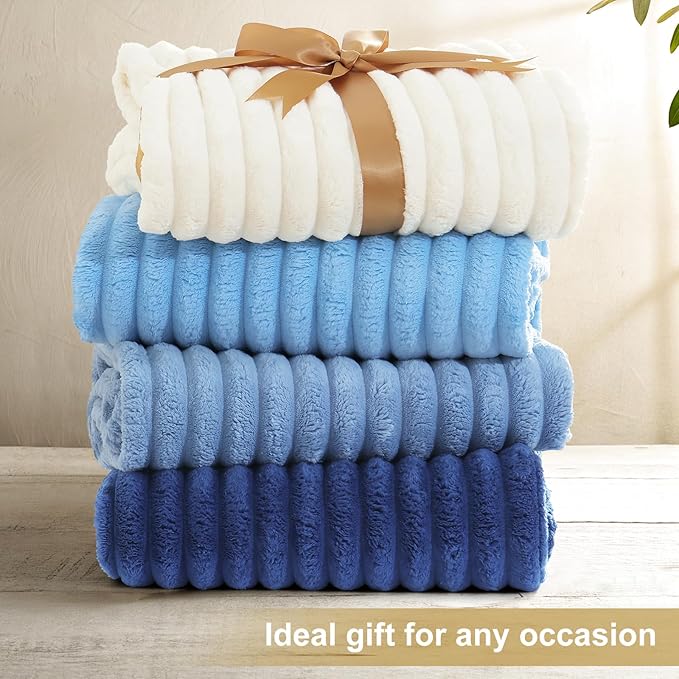 decorUhome Christmas Soft Fleece Navy Blue Throw Blanket for Couch, Cozy Fluffy Plush Flannel Striped Blanket for Sofa Bed, Lightweight Decorative Ribbed Fuzzy Blanket for Woman, 50x60 Inches