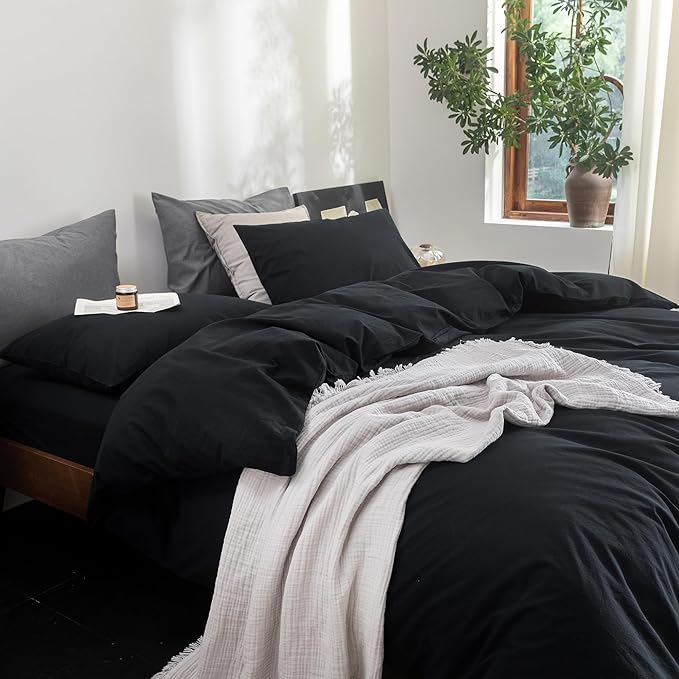 FOSSA Duvet Cover Set 100% Washed Cotton Linen Feel Super Soft Breathable Cozy 3 Pieces Bedding Sets Solid Black Full/Double