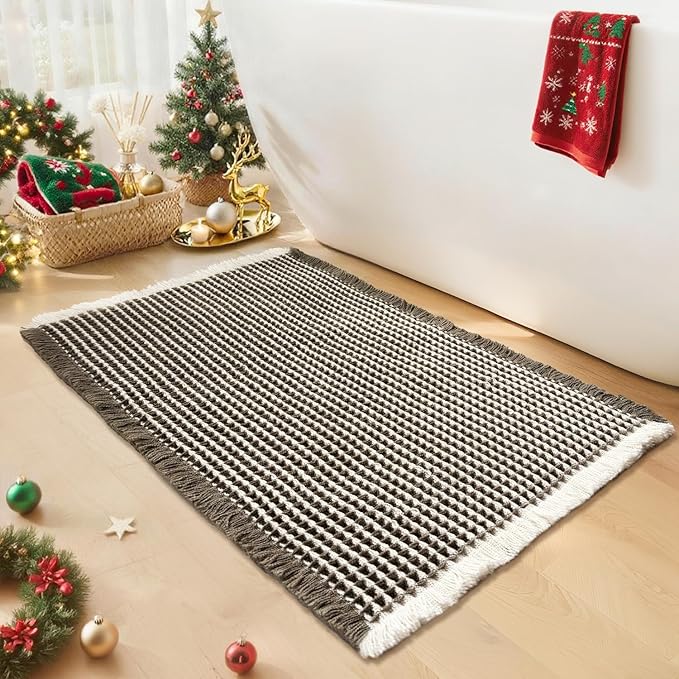 Waffle Bath Mat - Boho Bathroom Rugs Non Slip Washable, Super Absorbent & Quick Dry, Soft Bath Mat Farmhouse Bathroom Decor, 20'' x 32'', Olive Green and White