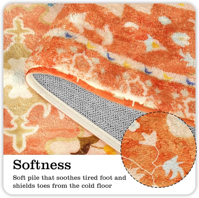 Uphome Long Boho Rug Orange Vintage Floral Bathroom Runner Rug Non-Slip Machine Washable Bath Mat Soft Velvet Oriental Traditional Aesthetic Accent Rug for Sink Shower Doormat Tub, 20x59 inch