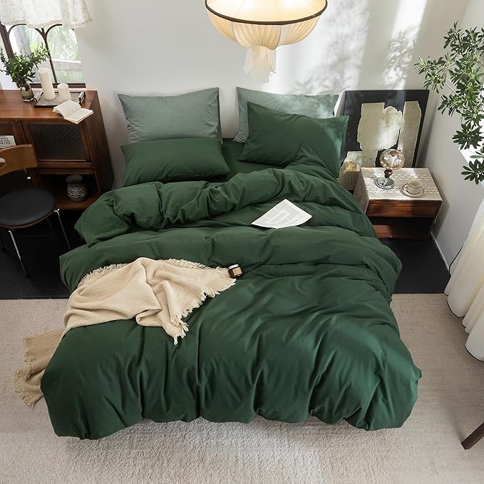 FOSSA Duvet Cover Set 100% Washed Cotton Linen Feel Super Soft Breathable Cozy 3 Pieces Bedding Sets Solid Forest Green Super King Plus