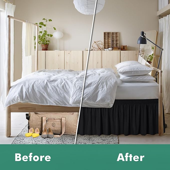 Biscaynebay Wrap Around Bed Skirts with Split Corners for Full Beds 14" Drop, Black Elastic Dust Ruffles Adjustable Easy Fit Wrinkle & Fade Resistant Silky Luxurious Fabric Machine Washable