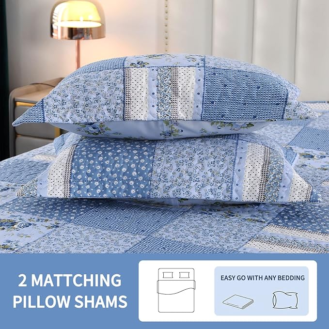 ENJOHOS Blue Floral Quilt Set Queen Size, 3 Pieces Plaid Flower Queen Bedspread for All Seasons, Patchwork Reversible Coverlet Lightweight Bedding for Queen Size Bed with 2 Pillow Shams
