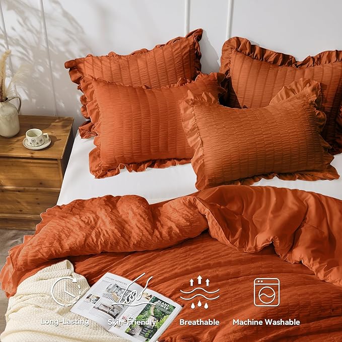 JOLLYVOGUE Burnt Orange Twin Size Comforter Set, 2 Pieces Seersucker Lightweight Fluffy Bedding Set, Twin Ruffle Comforter, All Season Soft Microfiber Shabby Chic Bed Set