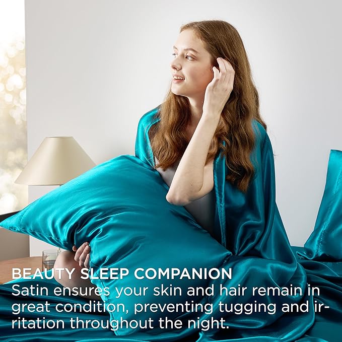 Bedsure Satin Sheets King Size - 4 Piece Silky Bedsheets with 15 Inches Deep Pocket Fitted Bedsheet,1 Flat Sheet, 2 Satin Pillowcases, Good for Hair & Skin (King, Teal)