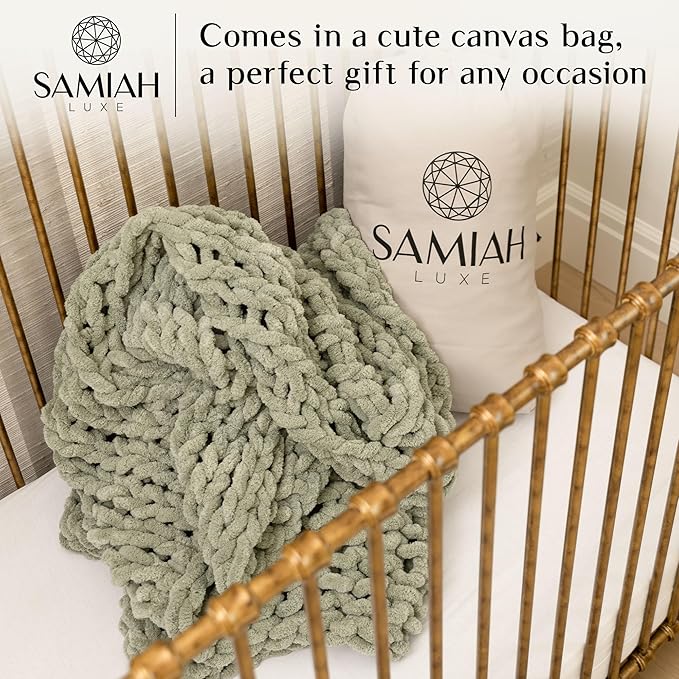 Samiah Luxe Sage Green Chunky Knit Blanket Throw 50x30", Chunky Knit Throw Blankets for Living Room Decor or Boho Decor, Personal Lap Blanket for Couch or Bed, Cable Knitted Crochet Lap Blankets