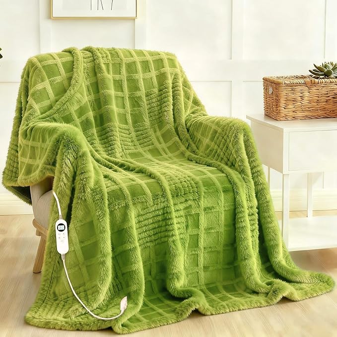 Heated Blanket Electric Throw, 50"X60" Heating Blanket Waffle with 12 Heat Levels, Fast Heating Blanket with 1-12 Timer with ETL & FCC for Bed Home Office Sofa (Trend Green)