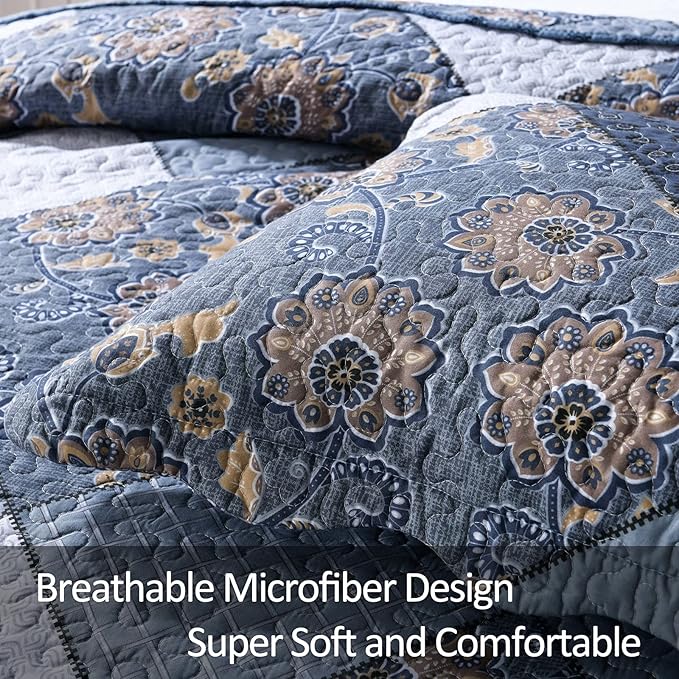 ENJOHOS Navy Blue Plaid Floral Quilt Set King Size 98"x106", 3 Pcs Boho Bedspread Coverlet Set for All Season, Patchwork Reversible Bedding Set King