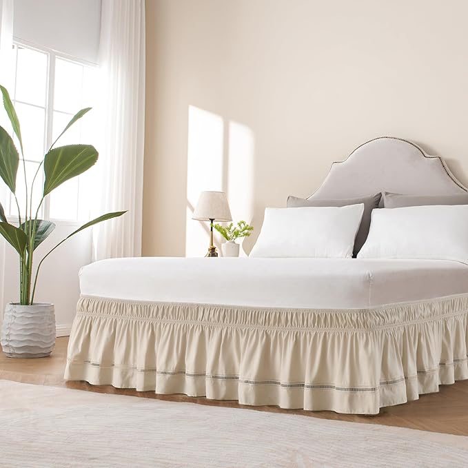 MIYE Wrap Around Ruffled Lace Bed Skirt, Elastic Dust Ruffle with Adjustable Belts, Easy to Put On, Bed Frame Cover, Machine Washable (Ruffled Lace/Beige, Full/Twin-12.5" Drop)
