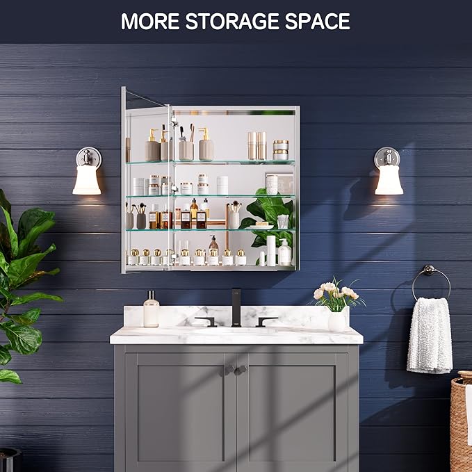 Medicine Cabinet 24" x 30", Bathroom Medicine Cabinet with Mirror, Recessed Medicine Cabinets with Adjustable Shelves, Soft-Closing Door, and Aluminum Alloy Frame - Reverse Installation, Silver