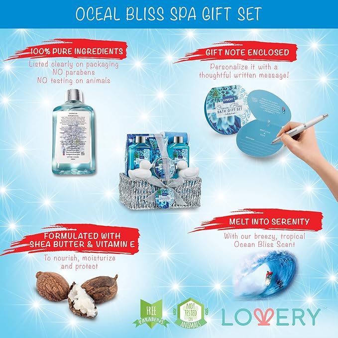 Christmas Gifts, Spa Gift Basket in Heavenly Ocean Bliss Scent-9pc Bath & Body Set-Shower Gel, BubbleBath, Bath Salt, Body Lotion & more! Great Wedding, Anniversary, Birthday, Graduation Gift forWomen