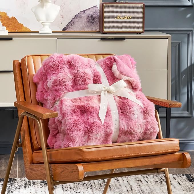 Cozy Bliss Faux Fur Throw Blanket for Couch, Bubble Plush Blanket King Size, Fuzzy Soft & Thick Blanket for Bed Sofa Living Room, 108x90 Inches Tie-dye Pink