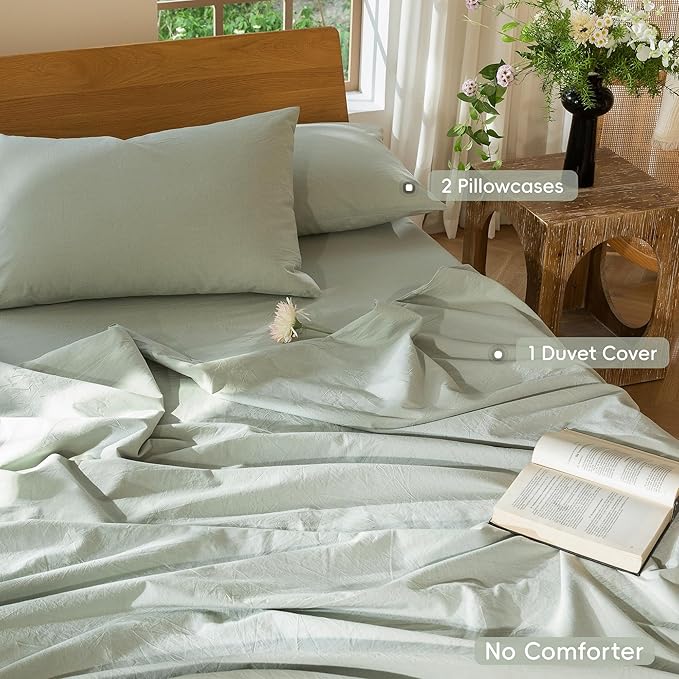 MooMee Bedding Duvet Cover Set 100% Washed Cotton Linen Like Textured Breathable Durable Soft Comfy (Heathered Sage Green, Queen 90"x90")