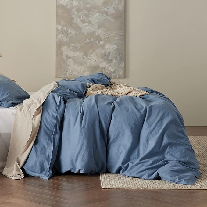 Bedsure Linen Duvet Cover King Size - Linen Cotton Blend Bedding Set, Soft & Cozy, 3 Pieces, 1 Duvet Cover 104x90 and 2 Pillowcases, Foggy Blue Color Cooling Bedding, Comforter Sold Separately