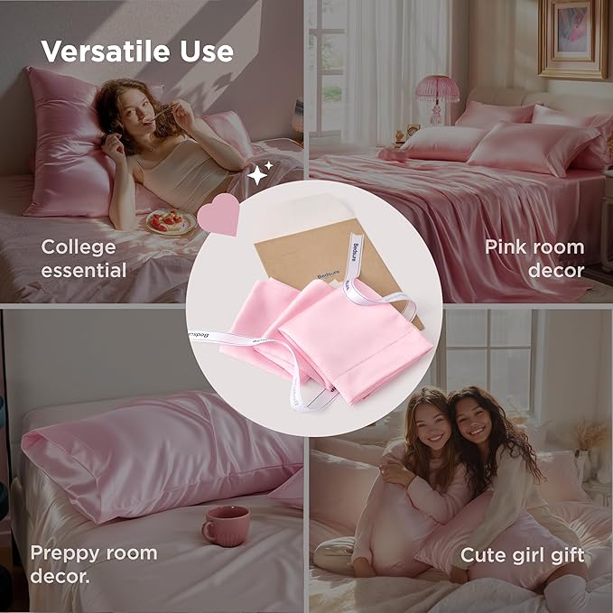 Bedsure Satin Pillowcase 2 Pack Similar to Silk Pillow Cases Standard Size, Pillow Case for Sleeping Women with Envelope Closure, Gifts for Women Men, Pink, 20x26 Inches, 2pcs