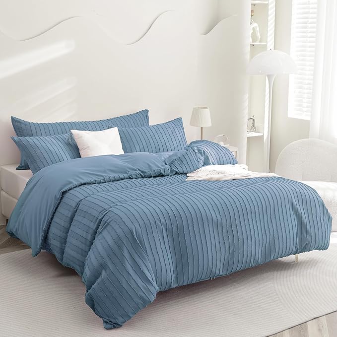 JELLYMONI Duvet Cover Queen Size Blue - 3PCS Boho Striped Duvet Cover Set Polyester Tufted Bohemian Textured Comforter Cover with Corner Ties & Zipper Closure