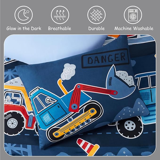 Kids Comforter Set Twin Size for Boys, Glow in The Dark Truck Bedding Set 1 Comforter, 1 Decor Pillow, 1 Pillow Shams